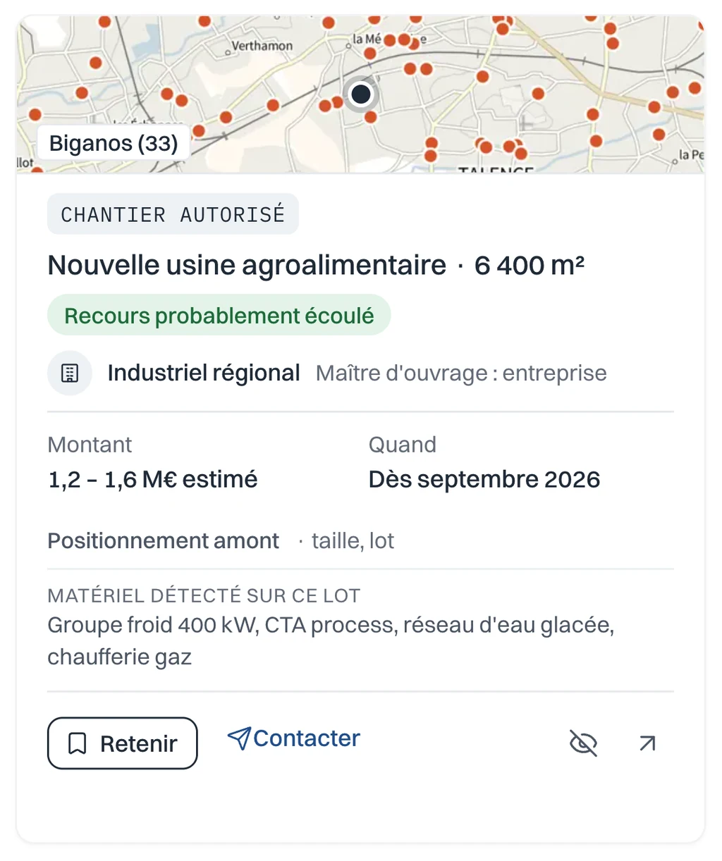 Une carte, agrandie : la nature, le maître d'ouvrage, le montant estimé, le démarrage possible, et le matériel détecté sur votre lot.